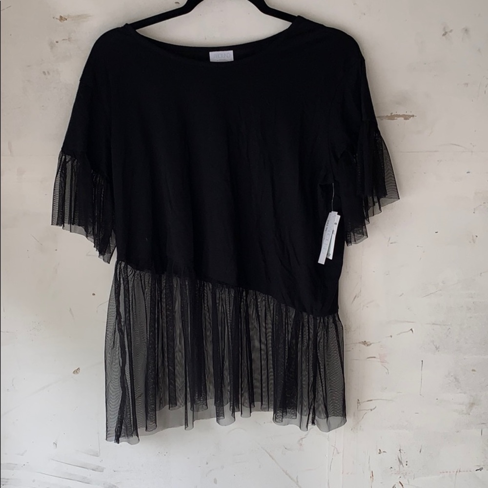 Black T-shirt with sheer ruffle details